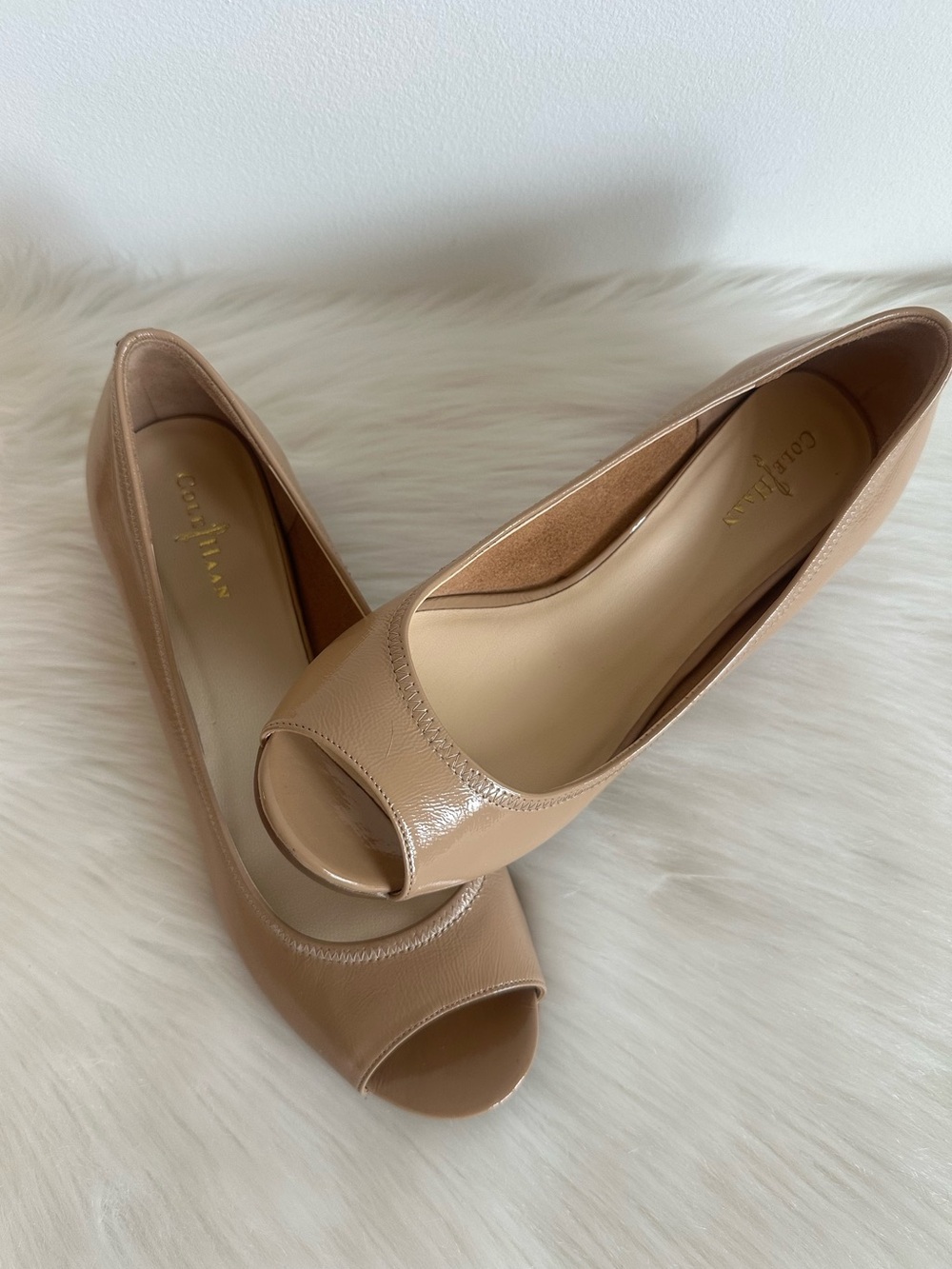 Cole Haan Nude Patent Leather Peep-Toe Wedge Heels - Size 7.5